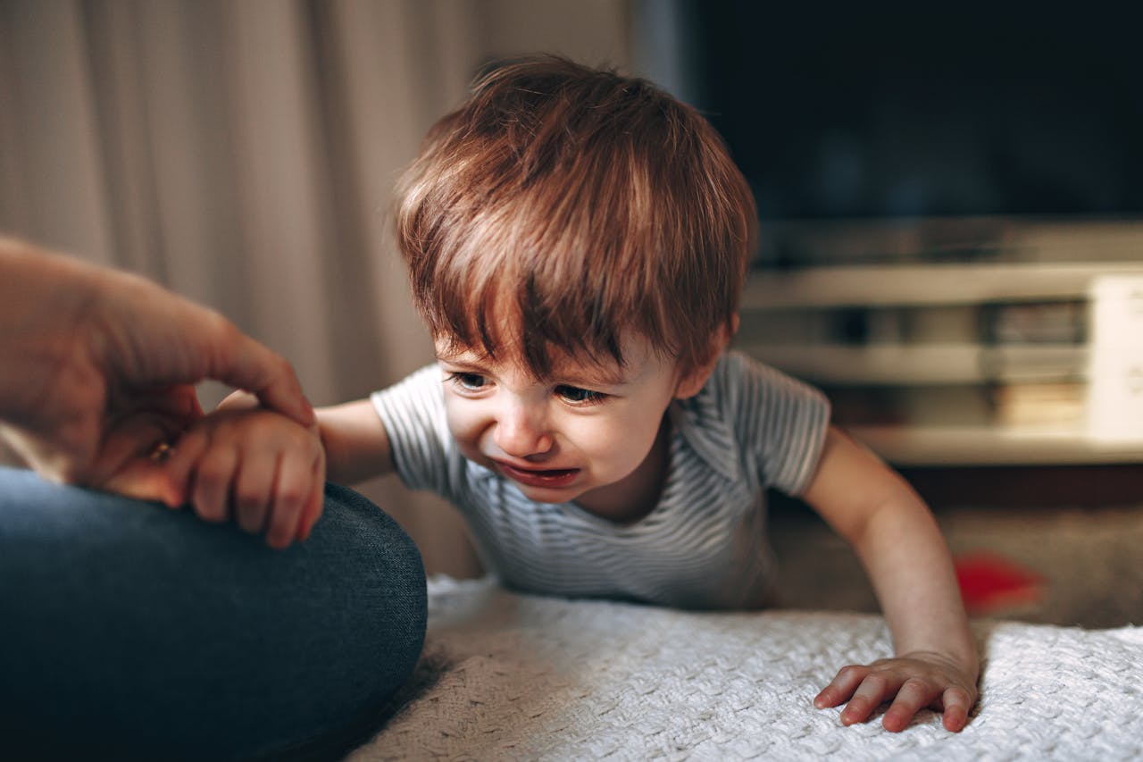 Crop unrecognizable parent helping upset boy to sit on couch while spending time in living room with TV at home